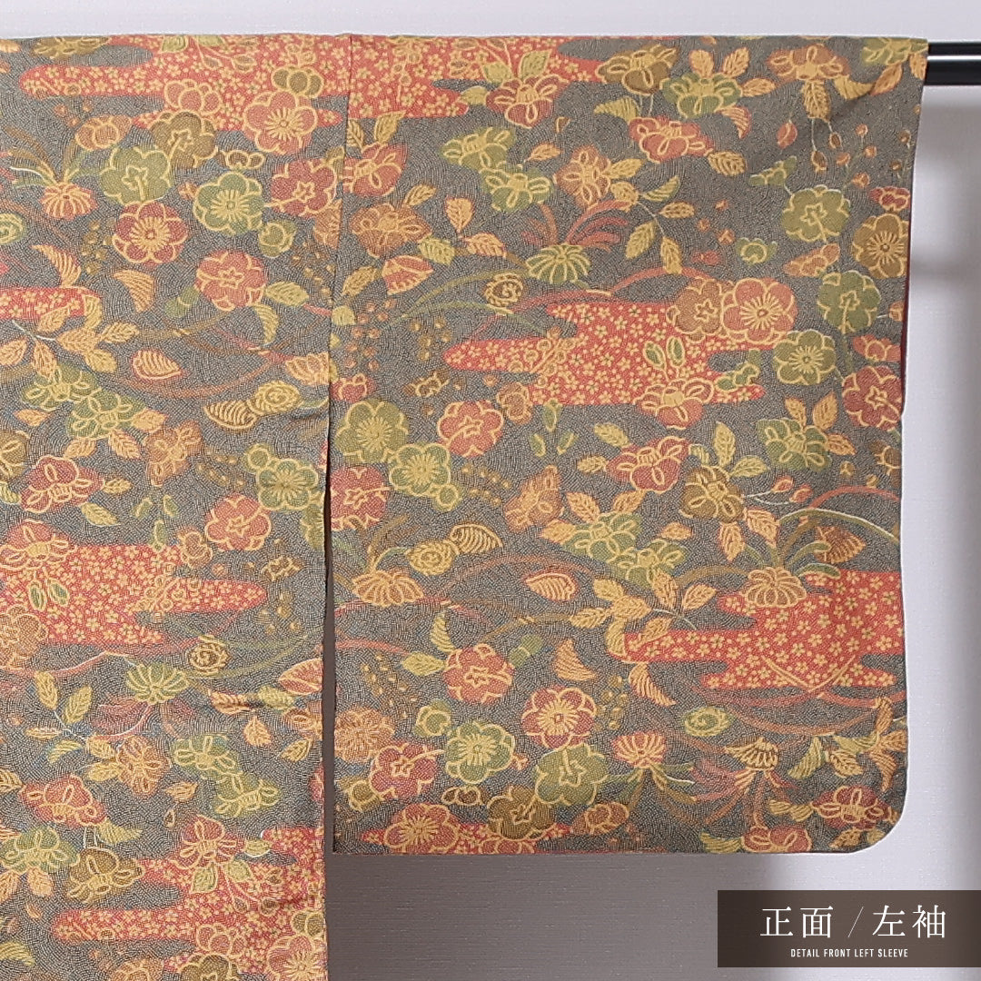 小紋 袷 身丈160cm 裄丈65cm 正絹 Sランク 紋意匠 (鮫) インフォーマル 広衿 Lサイズ 四季草花 紺系 RP 1221-11702