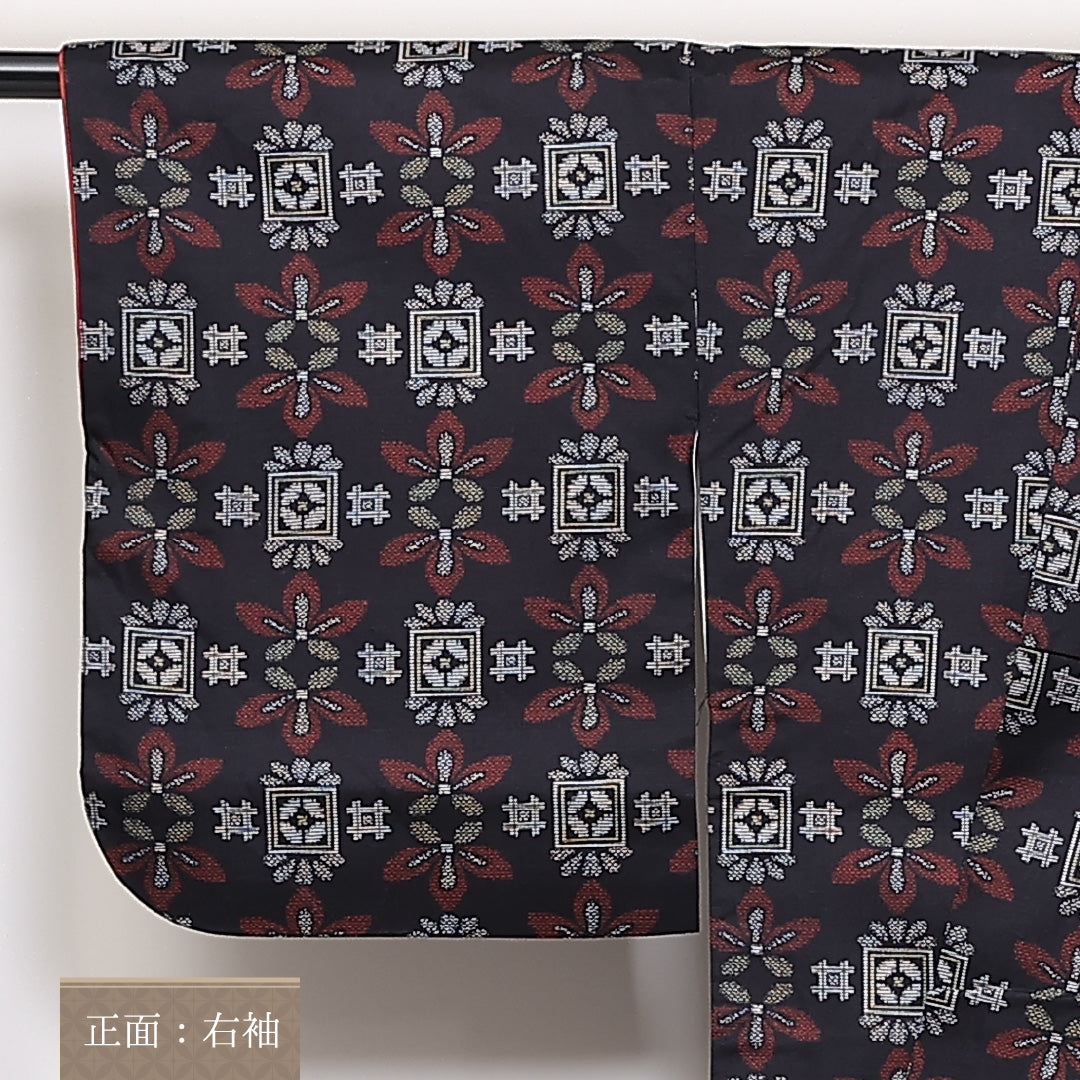 紬 袷 身丈156cm 裄65.5cm 正絹 真綿紬 レトロ 黒系 Sランク 1216-01376