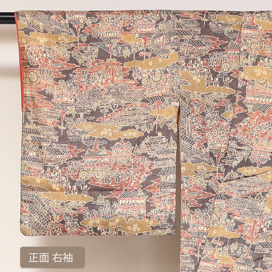 小紋 袷 身丈161cm 裄丈66cm 正絹 Aランク インフォーマル 広衿 Lサイズ 京洛百景 鉾 鮫 多色系 RP 1221-01733