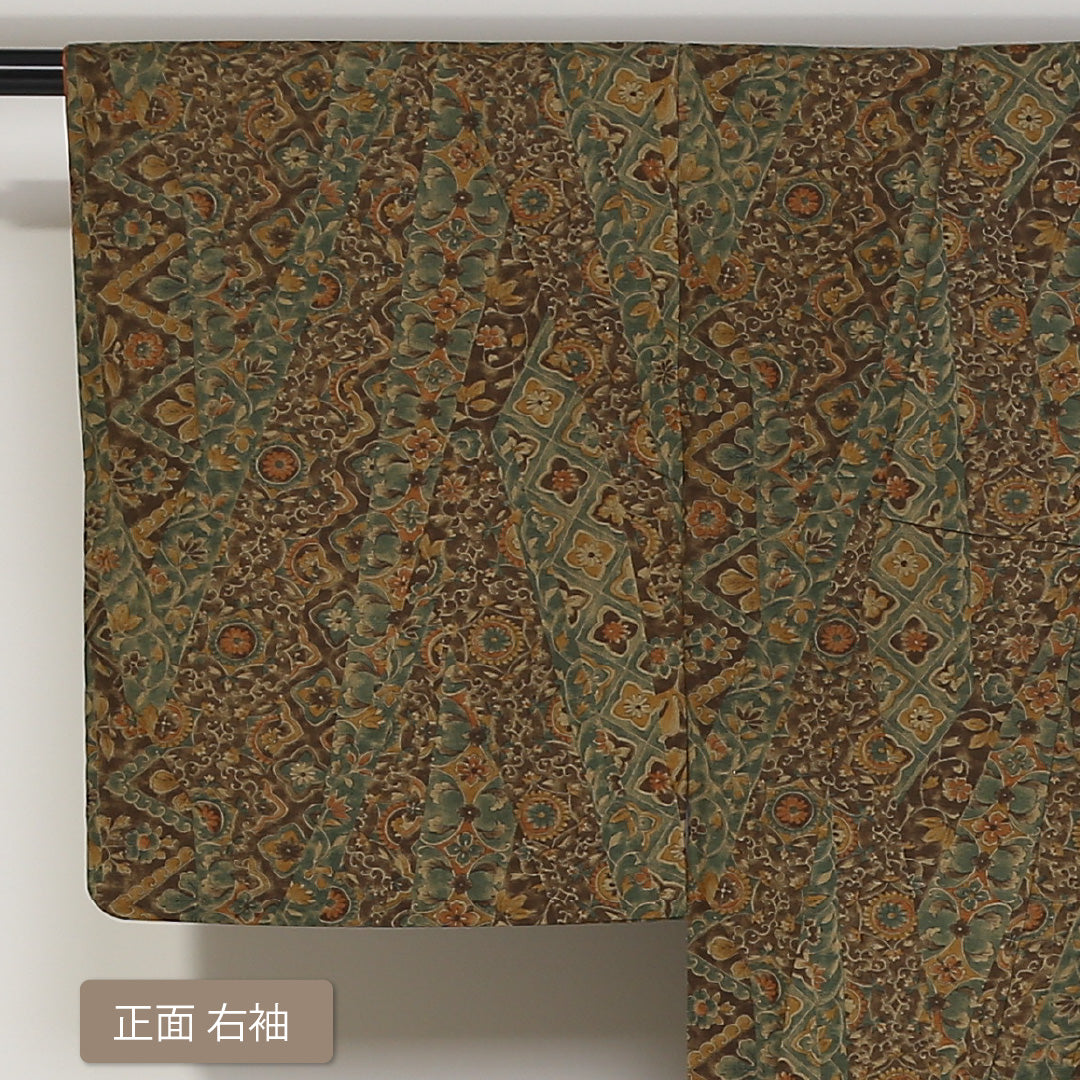 小紋 袷 身丈160cm 裄65cm 茶系 ボタニカル オリエンタル 更紗 紬 正絹 Sランク 真綿紬 1215-01677-2414