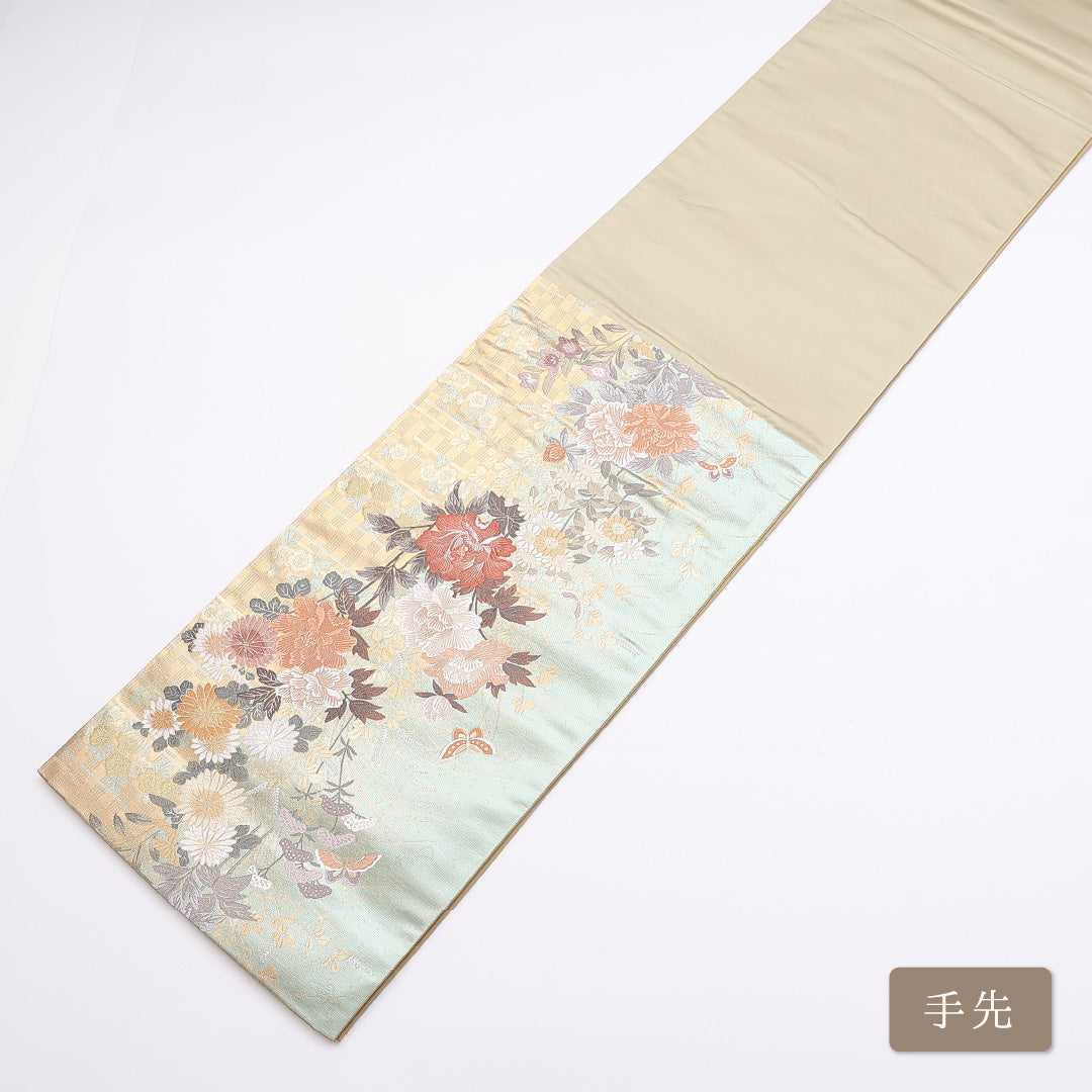 袋帯 帯丈436cm 六通 引箔 牡丹や菊 蝶 藤 振袖帯 フォーマル 緑系 正絹 Sランク 1223-00861