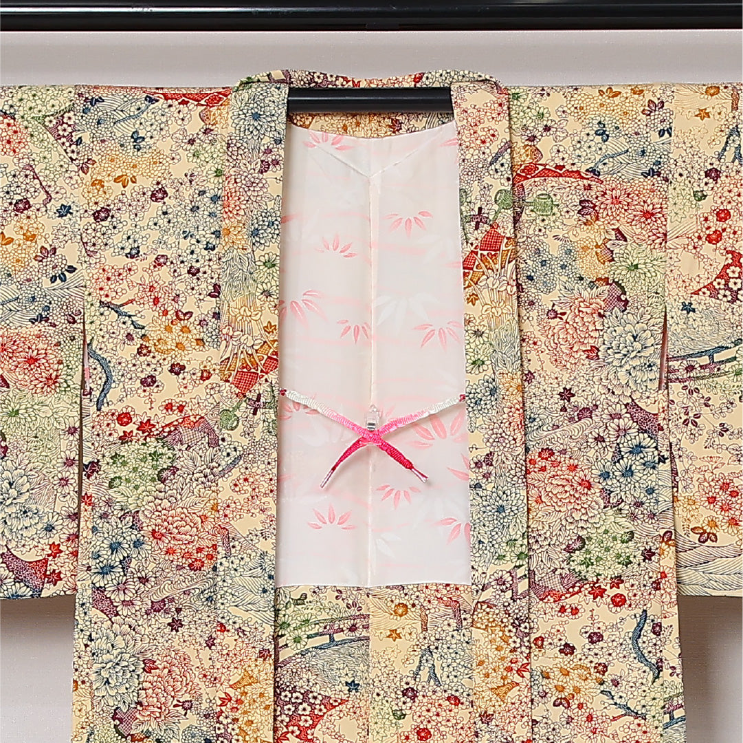羽織 袷 身丈85cm 裄丈64cm 正絹 Sランク カジュアル Mサイズ 紐あり 花柄 ベージュ系 RP 1232-12863