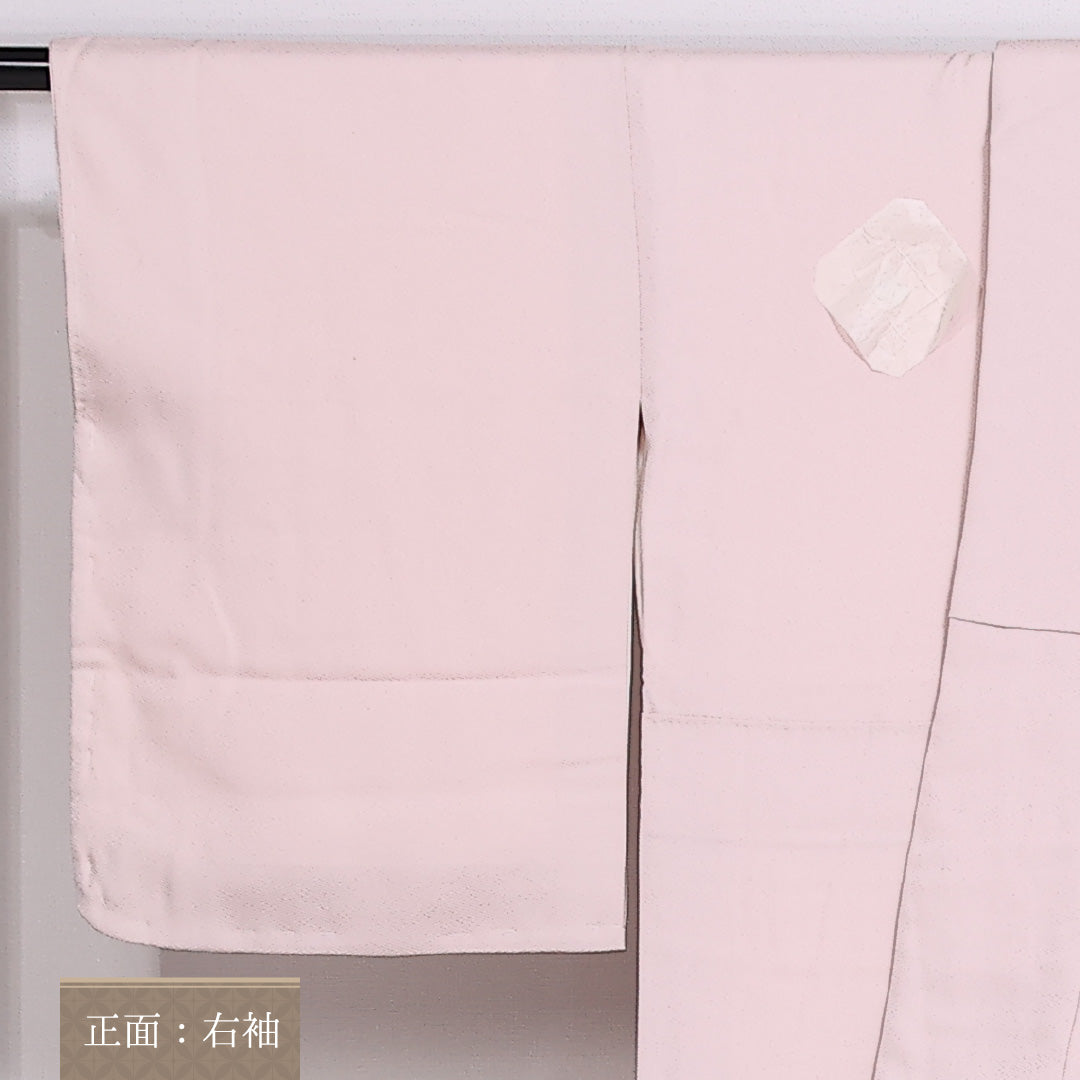 色留袖 五つ紋 三ツ割五三桐 身丈154cm 裄丈64cm Sランク 正絹 袷 比翼 広衿 S 作家物 落款 しつけ糸 紗彩形 花喰鳥 吉祥文様 扇 金彩 フォーマル ピンク系 1211-F0289