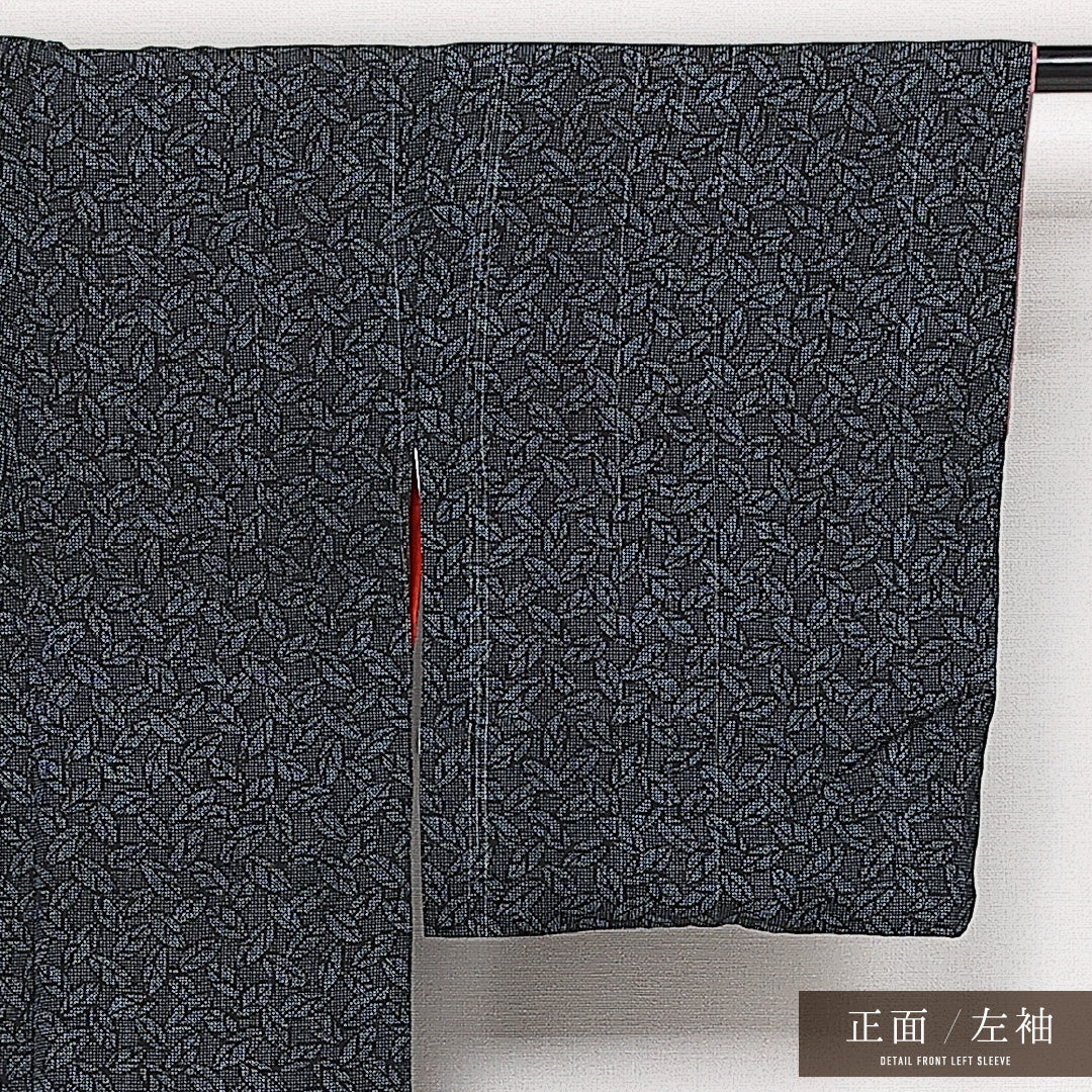 アンティーク お召 袷 身丈149cm 裄丈62cm 正絹 Aランク バチ衿 XSサイズ 植物柄 紺系 RP 1222-13639