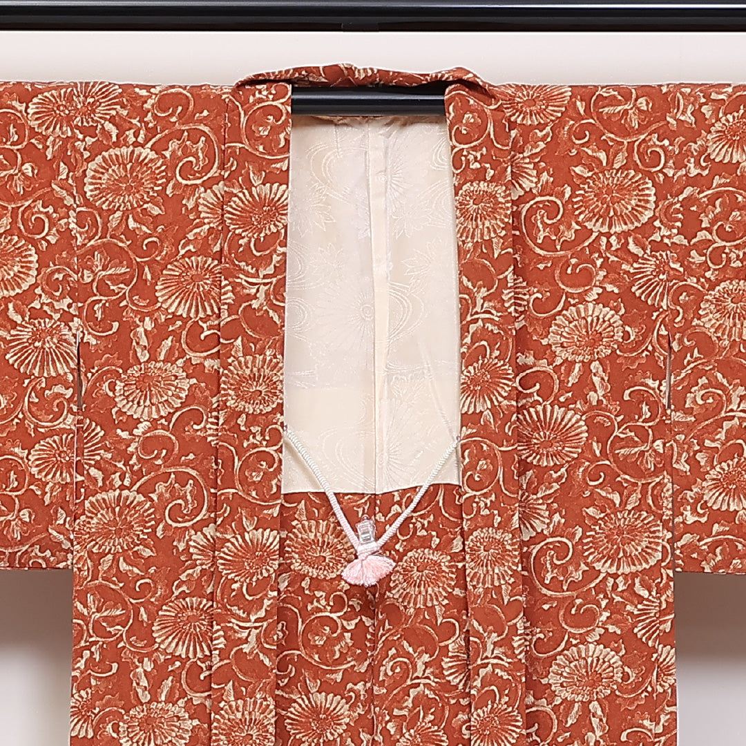 羽織 身丈77cm 裄丈62cm S 正絹 唐菊 朱系 Sランク 1217-00834