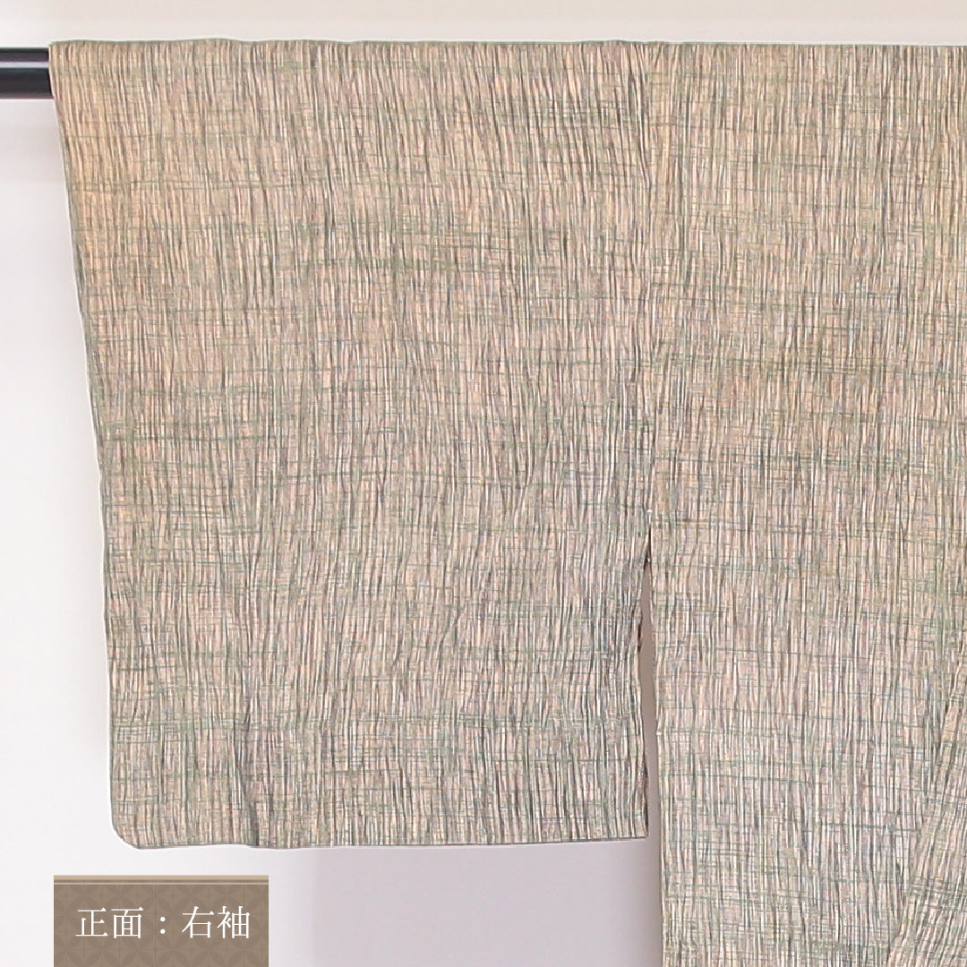 小紋 単衣 身丈143cm 裄59.5cm 正絹 夏着物 緑系 ちぢみ Cランク 1215-02268