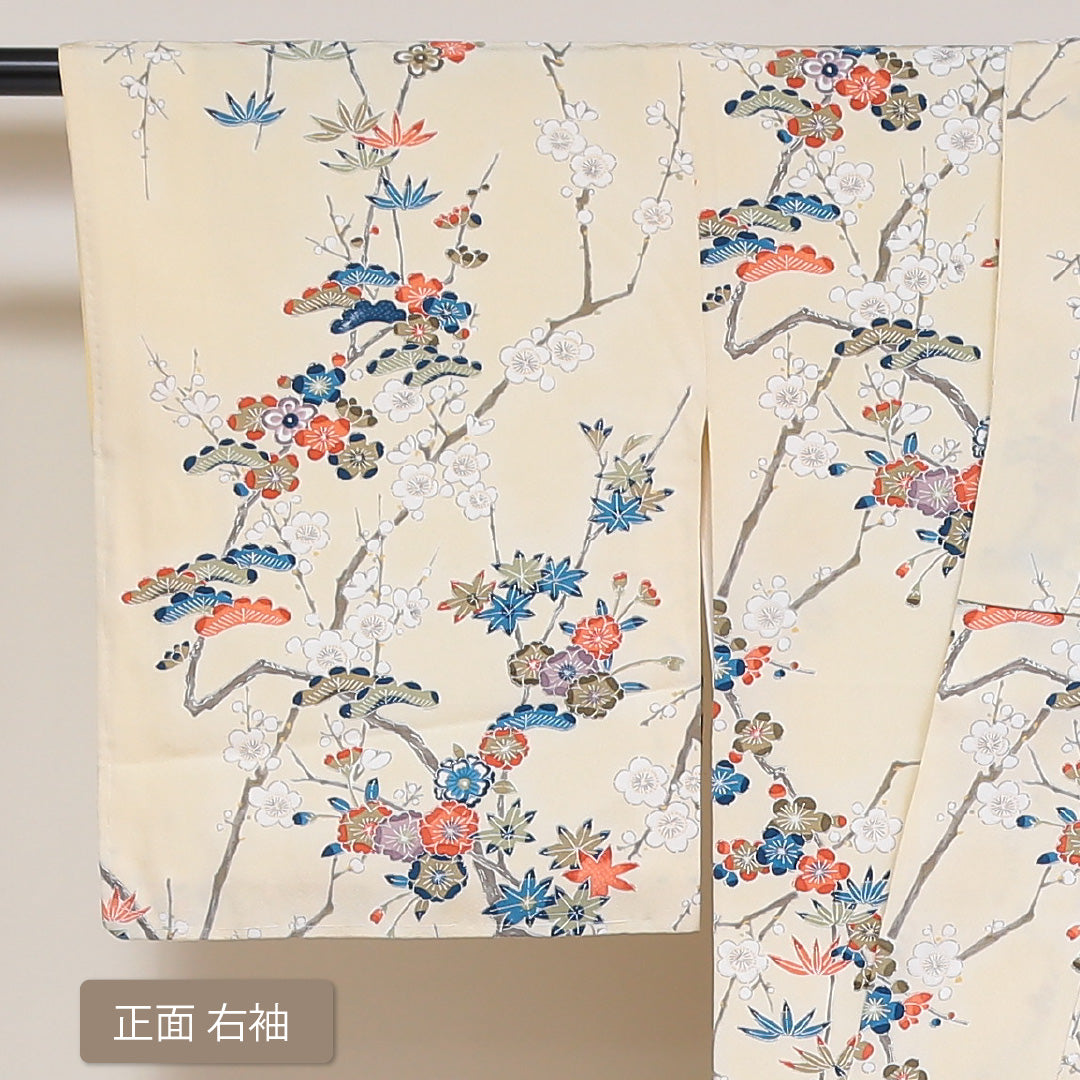 小紋 袷 身丈153cm 裄64cm クリーム系 梅 笠松 笹 紅葉 型染め 正絹 Aランク 1215-01771-3215