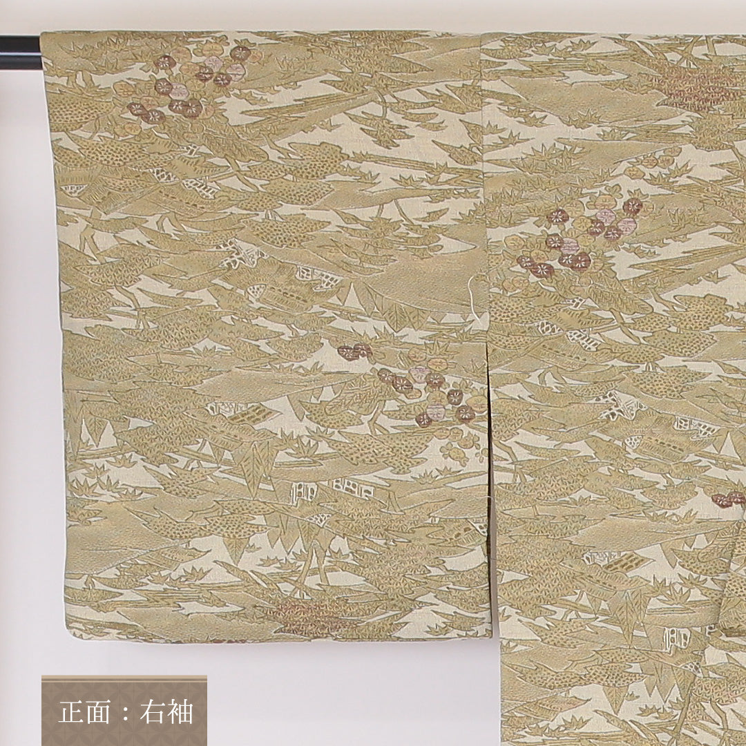 洗える着物 紬 単衣 身丈153cm 裄丈62cm ポリエステル Sランク カジュアル 広衿 Sサイズ 茶屋辻 ベージュ系 RP 1223-03393