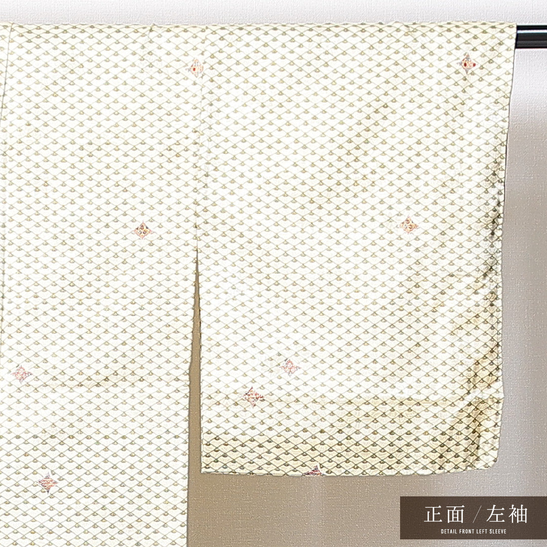 小紋 袷 身丈154cm 裄丈62cm 正絹 Sランク インフォーマル 広衿 Sサイズ 扇 古典柄 黄系 RP 1221-14907