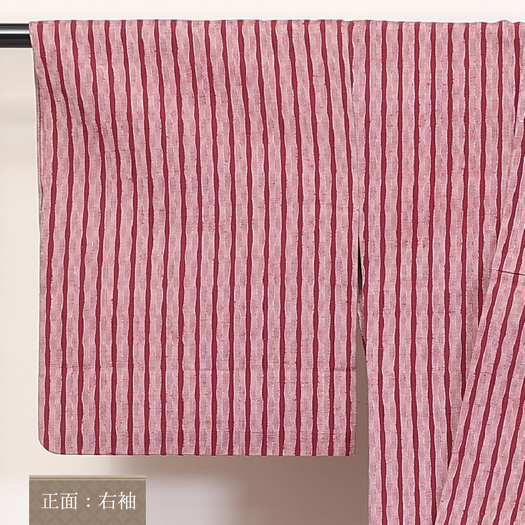 洗える着物 木綿の紬 単衣 身丈150cm 裄丈64cm 木綿 Aランク カジュアル 広衿 Sサイズ よろけ縞 ピンク系 RP 1223-03714