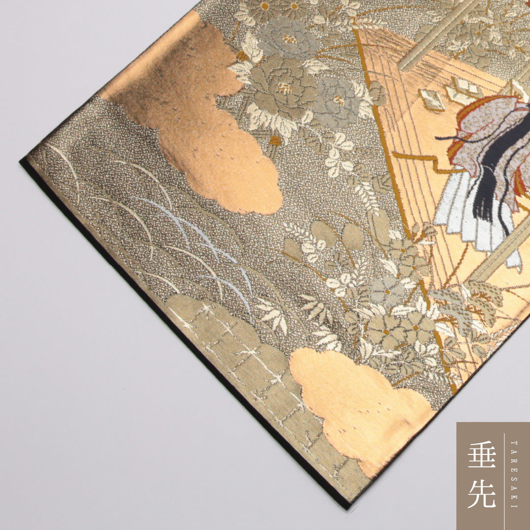 本金箔二重引錦 袋帯 帯丈428cm 六通 源氏物語 フォーマル 金系 正絹 尾島産業謹製 Sランク 1223-01139