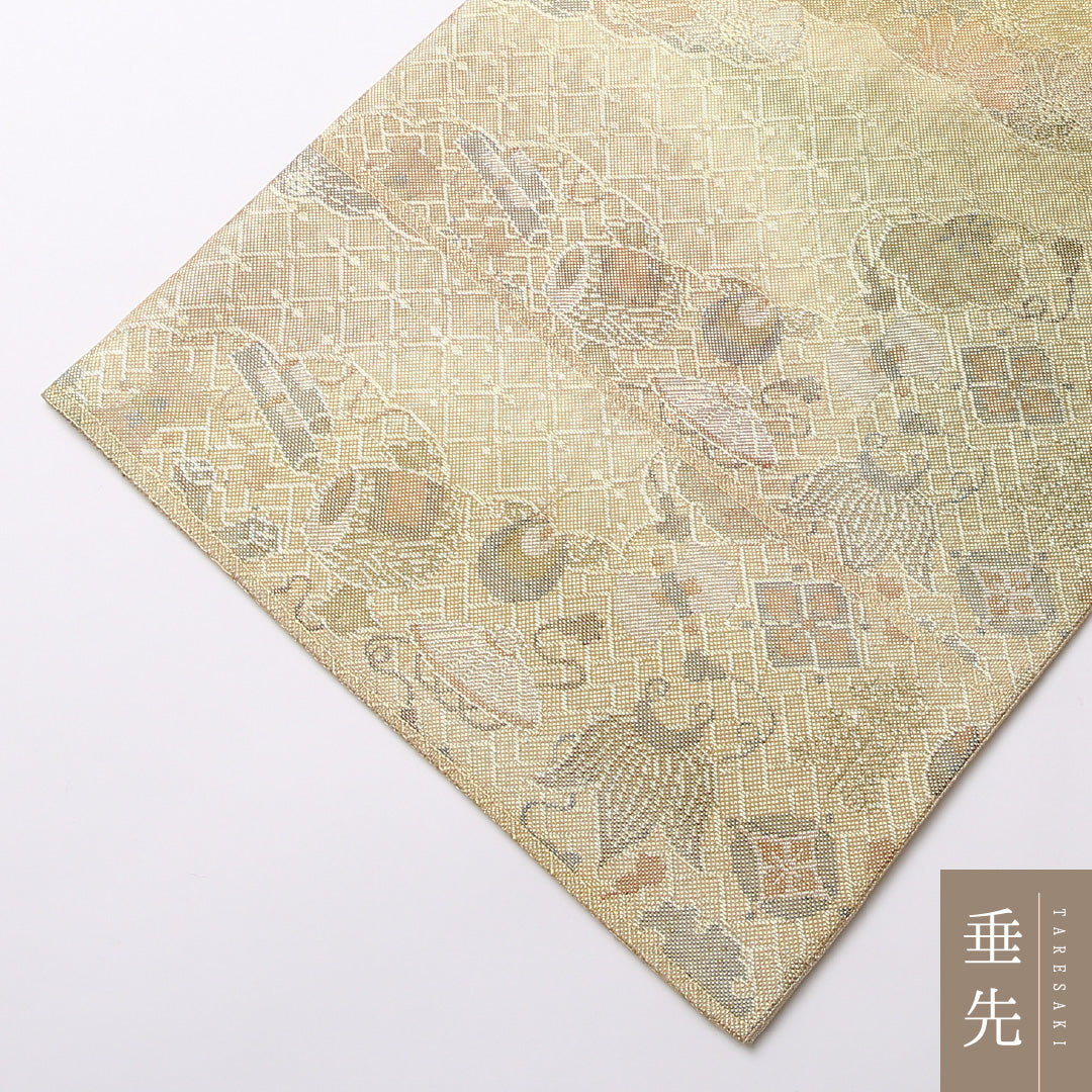 袋帯 帯丈428cm 正絹 六通 フォーマル 楼閣 山水 金系 1243-01622