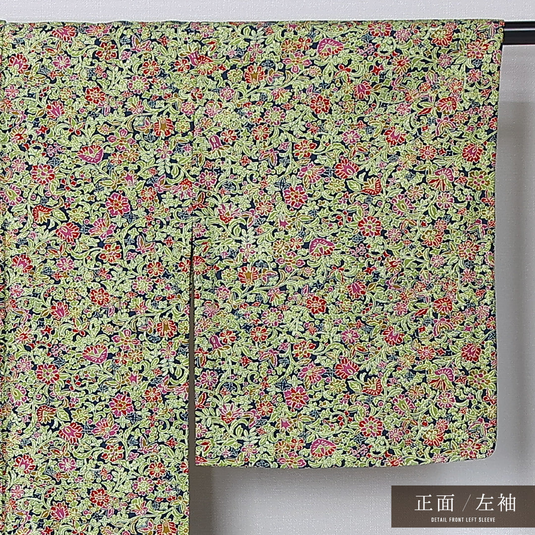 小紋 身丈161cm 裄丈62.5cm Sランク L 正絹 単衣 広衿 唐華 カジュアル 緑系 1215-12221
