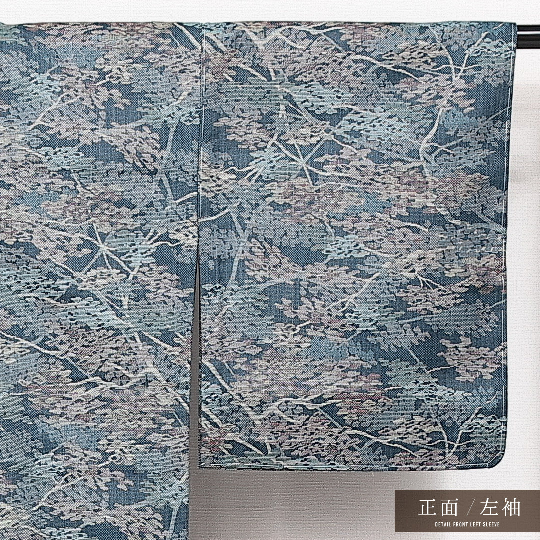 未使用品 洗える着物 ウールの紬 胴抜き 身丈154cm 裄丈64cm ウール Sランク カジュアル バチ衿 Sサイズ しつけ糸 植物柄 青系 RP 1223-14153