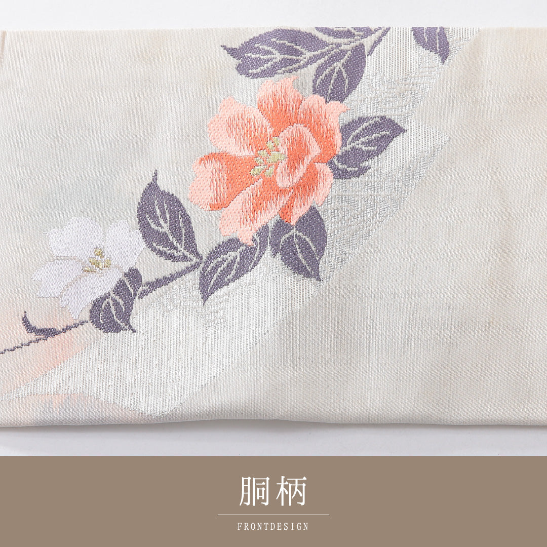 九寸名古屋帯 帯丈345cm セミフォーマル 名古屋仕立て ポイント柄 Cランク 正絹 椿 クリーム系 1224-03935