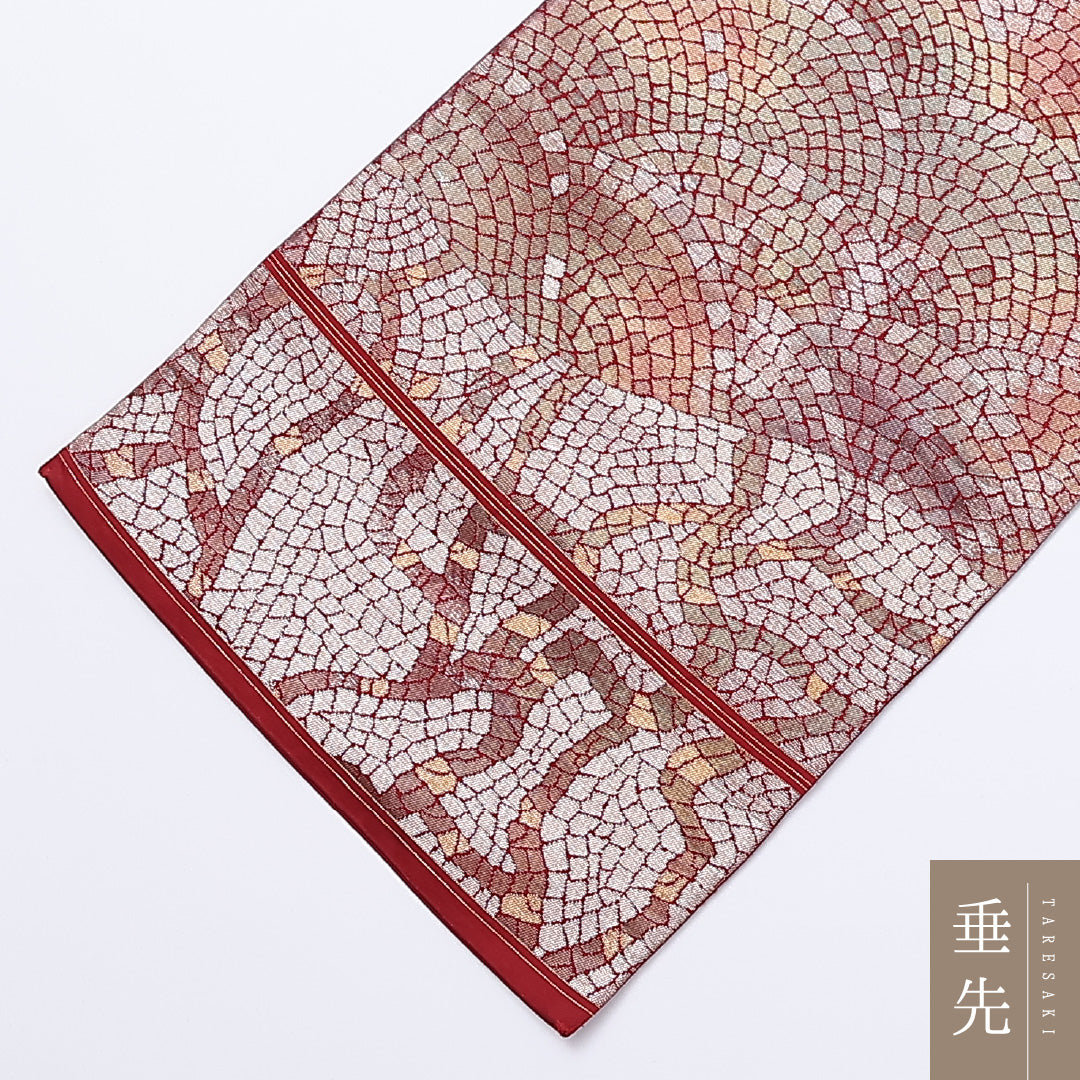 袋帯 帯丈420cm 六通 モダン カジュアル 赤系 正絹 Aランク 1223-00974
