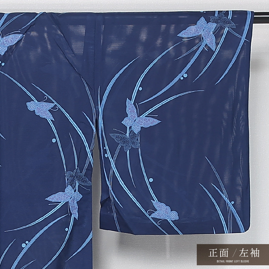 小紋 身丈159cm 裄丈66cm Bランク M 正絹 絽 バチ衿 露芝草 蝶 カジュアル 青系 1215-12160