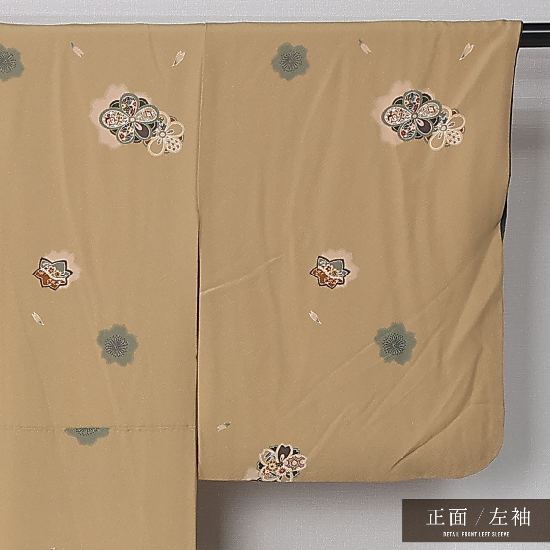 小紋 袷 身丈151cm 裄丈65cm 正絹 Sランク インフォーマル バチ衿 Sサイズ 花柄 黄系 RP 1221-12389