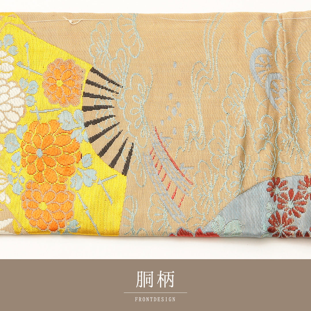 アンティーク 名古屋帯 六通 帯丈340cm Bランク 正絹 吉祥文様 扇 菊 牡丹 蔦 ベージュ系 1224-02115