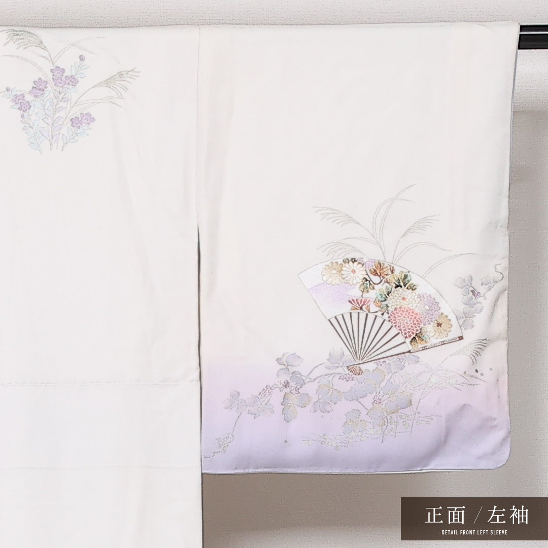訪問着 袷 身丈147cm 裄丈63cm Sランク 正絹 広衿 XSサイズ セミフォーマル 扇 菊 古典的 気品 白系 1212-13596
