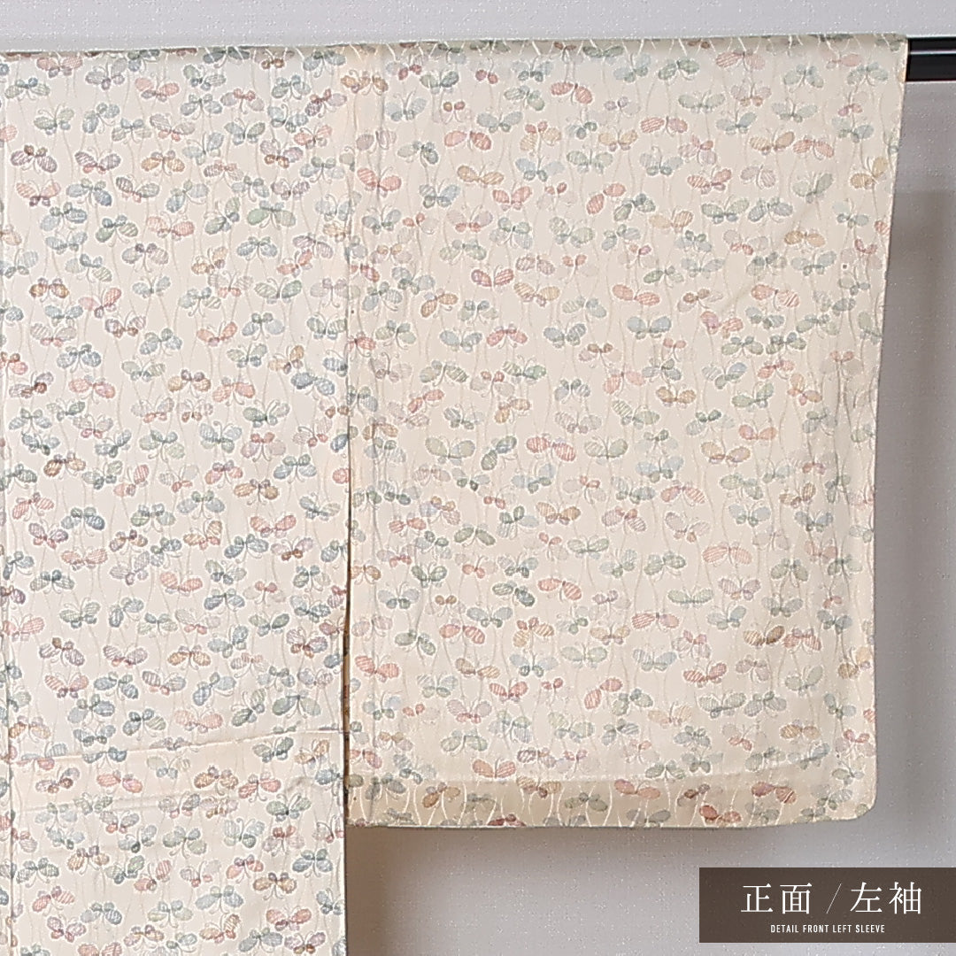 小紋 単衣 身丈160cm 裄丈62cm 正絹 Aランク インフォーマル 広衿 Lサイズ 蝶 クリーム系 HP 1221-12251