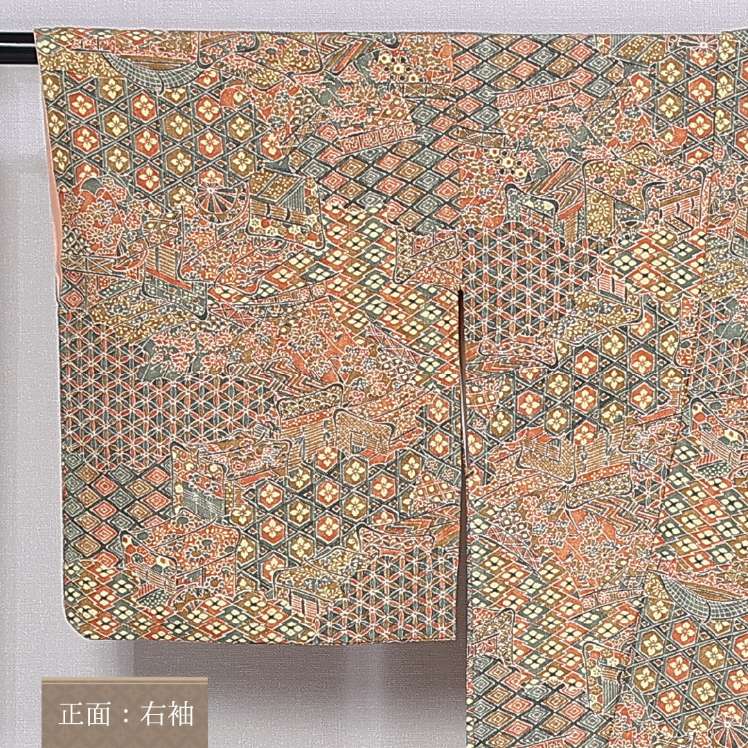 小紋 袷 身丈155cm 裄丈64cm 正絹 Sランク インフォーマル 広衿 Mサイズ 御所車 金系 RP 1221-10176