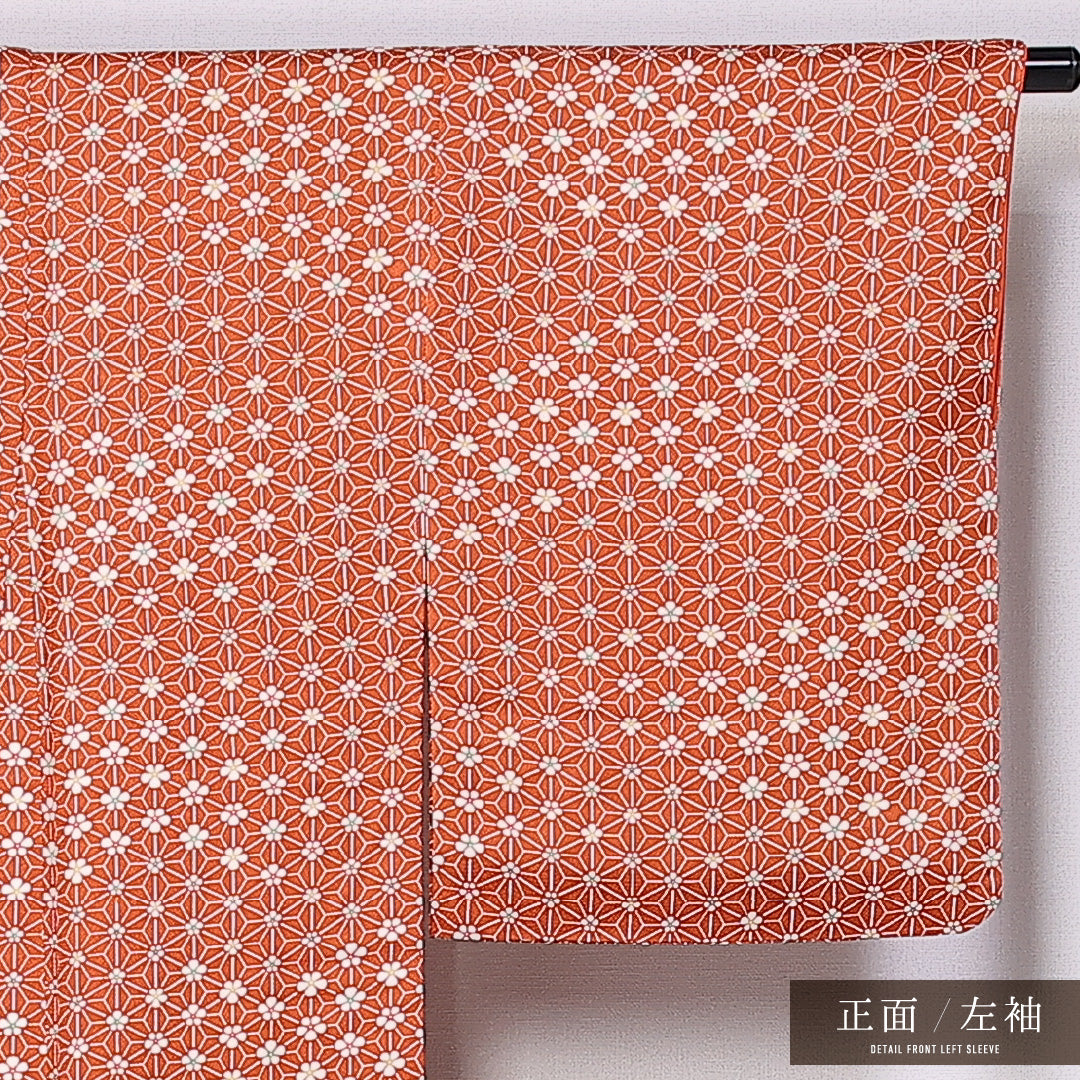 小紋 身丈162cm 裄丈64cm L 正絹 Aランク 袷 広衿 梅 麻の葉 レトロ 1215-11047
