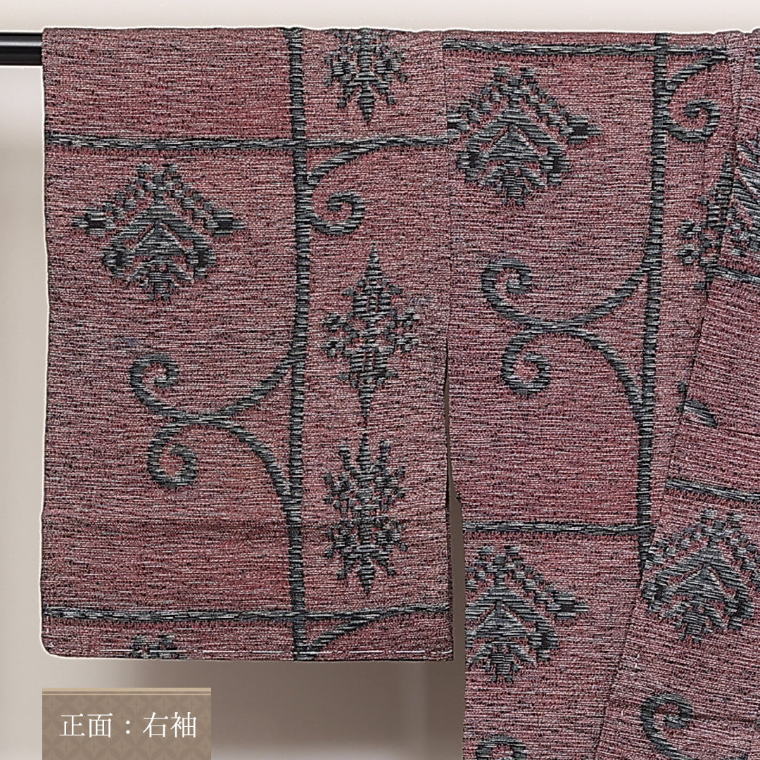 紬 単衣 身丈151cm 裄61cm 正絹 唐草 オリエンタル 肩当て 居敷当て 紫系 Aランク 1216-01313