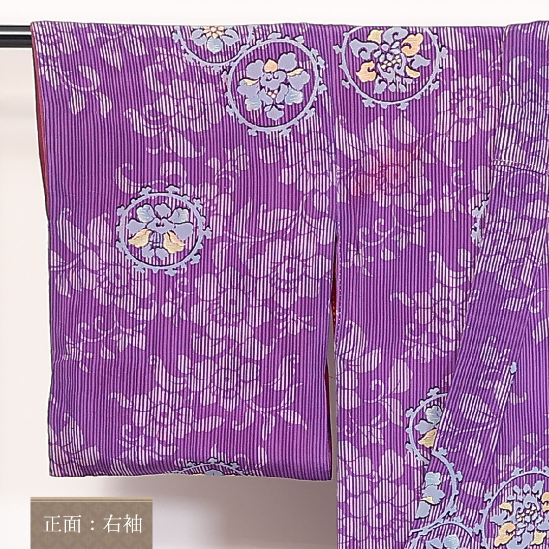 アンティーク 小紋 袷 身丈144cm 裄65cm 正絹 牡丹 花文 紫系 Bランク 1215-02304