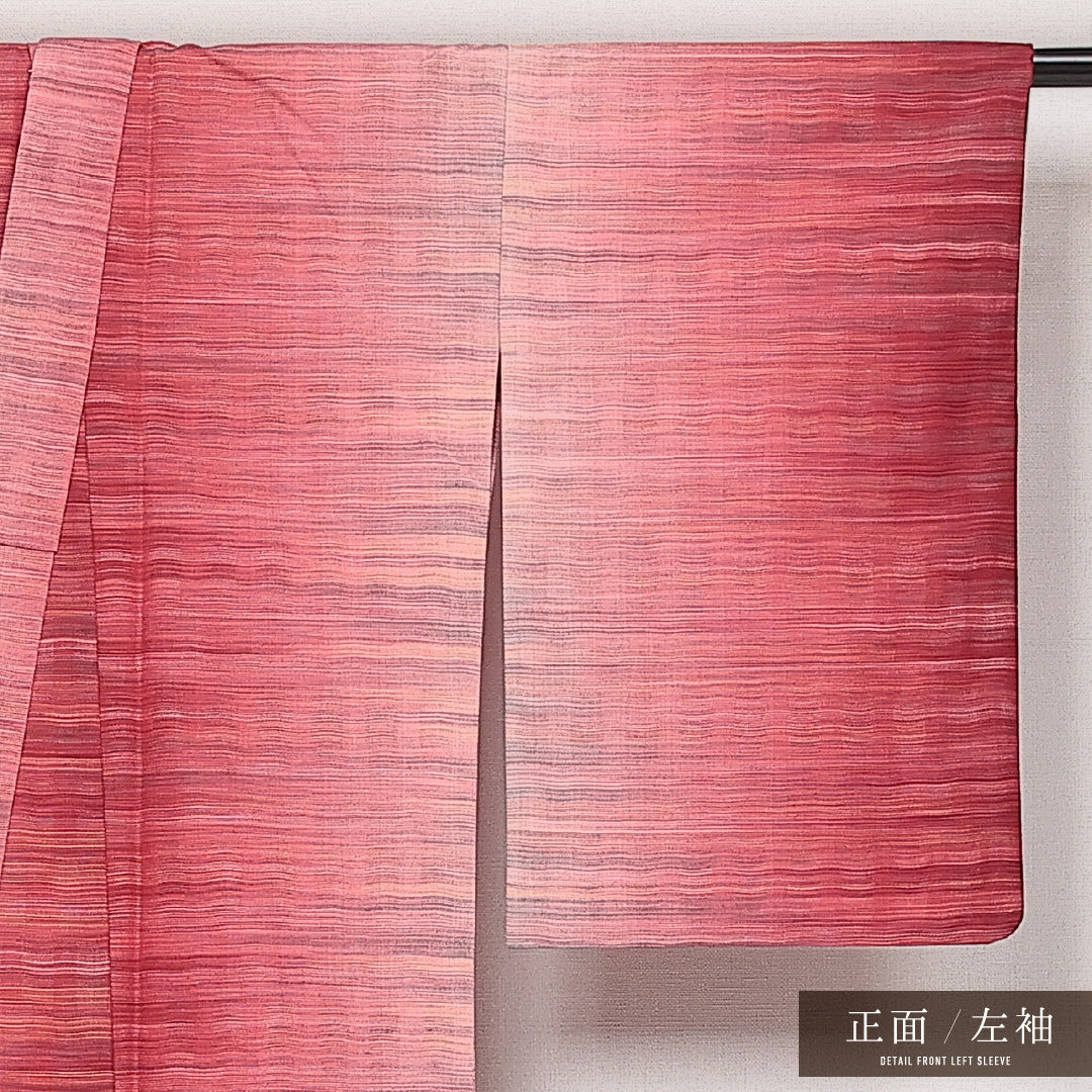洗える着物 ウールの紬 単衣 身丈162cm 裄丈64cm ウール Sランク カジュアル バチ衿 Lサイズ 縞 赤系 RP 1223-13972