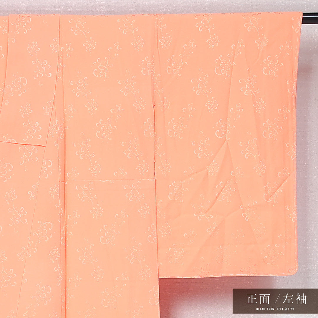 色無地 身丈162cm 裄丈63cm Sランク L 正絹 袷 広衿 地紋あり 一つ紋 桔梗釜敷 唐草 セミフォーマル ピンク系 1214-12059