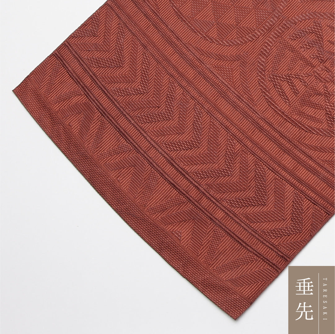 名古屋帯 帯丈363cm Aランク 松葉仕立て 六通 正絹 鱗 幾何学 カジュアル 茶系 1224-01647