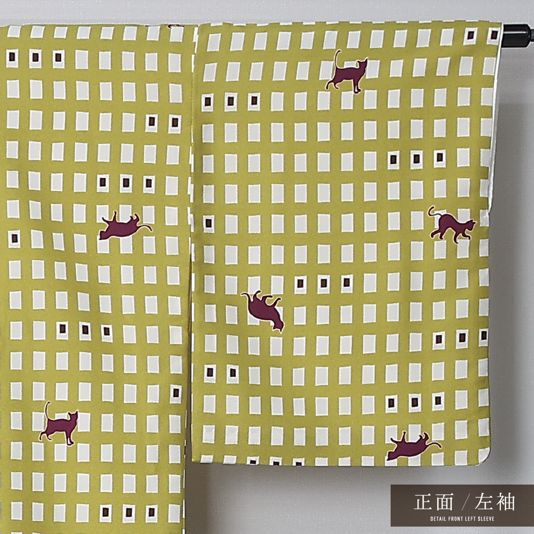 洗える着物 小紋 袷 身丈165cm 裄丈67cm ポリエステル Sランク インフォーマル 広衿 XLサイズ 格子 猫 緑系 RP 1221-12361