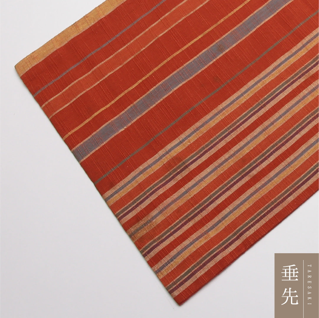 名古屋帯 帯丈352cm Cランク 開き仕立て 全通 正絹 遠州綿紬 紬 縞 カジュアル 朱系 1224-01945