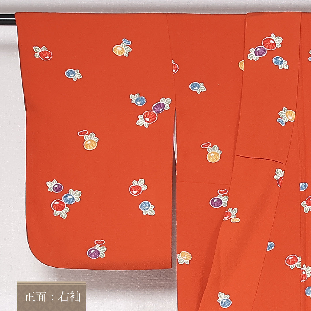 小紋 袷 身丈153cm 裄62cm 正絹 ちりめん 野菜柄 朱系 Aランク 1215-02442
