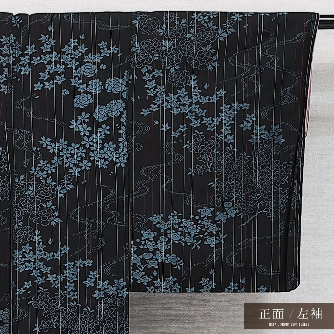 アンティーク お召 袷 身丈150cm 裄丈60cm 正絹 Aランク バチ衿 Sサイズ 流水 花柄 黒系 RP 1222-14314