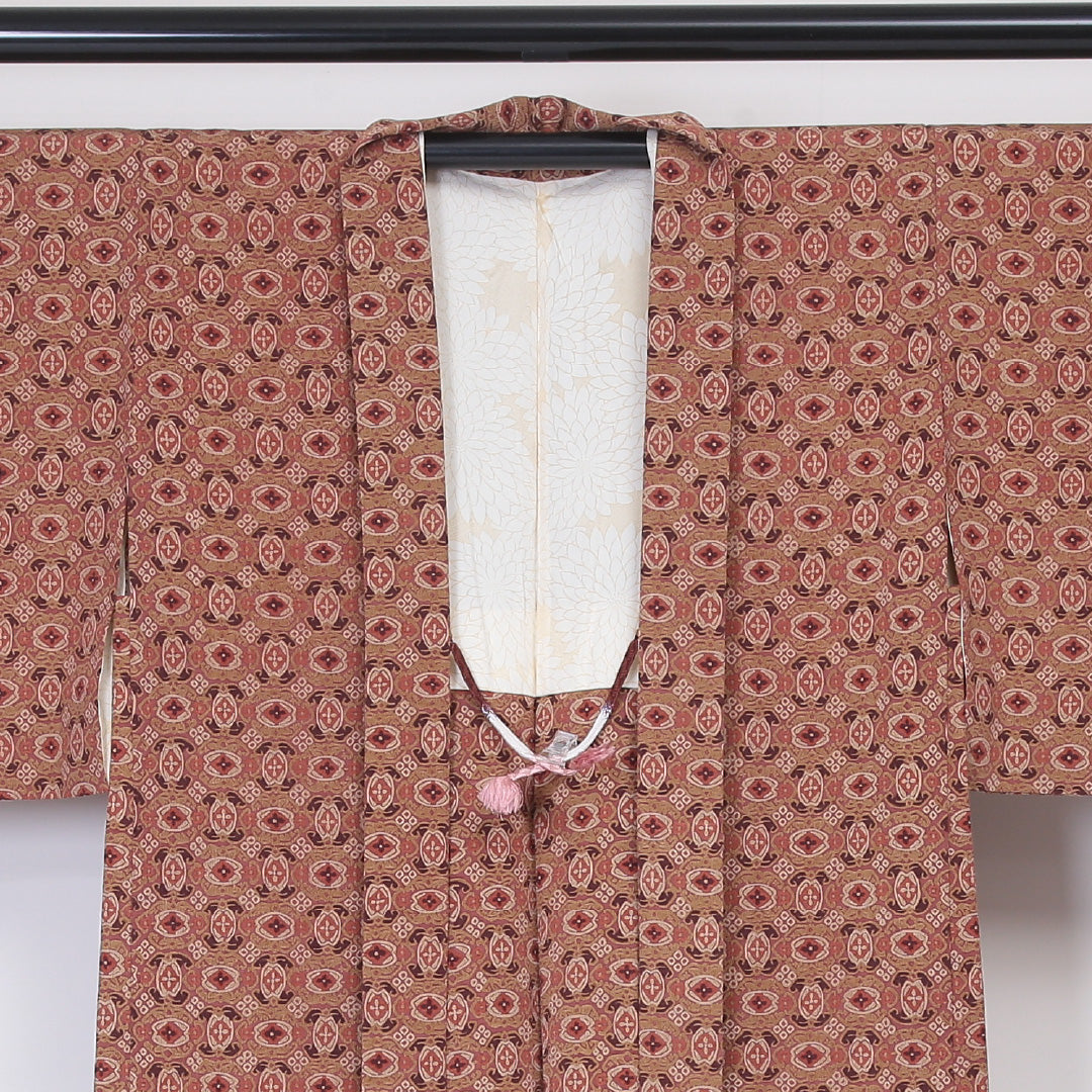 羽織 身丈80cm 裄丈64.5cm M 正絹 紐あり レトロ 茶系 Sランク 1217-00536