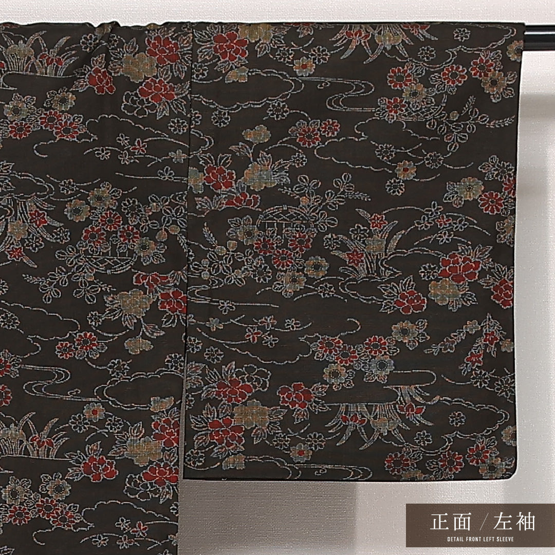 洗える着物 ウールの紬 単衣 身丈141cm 裄丈63cm ウール Aランク カジュアル 広衿 XSサイズ 居敷当て 菊 牡丹 茶系 HP 1223-13296