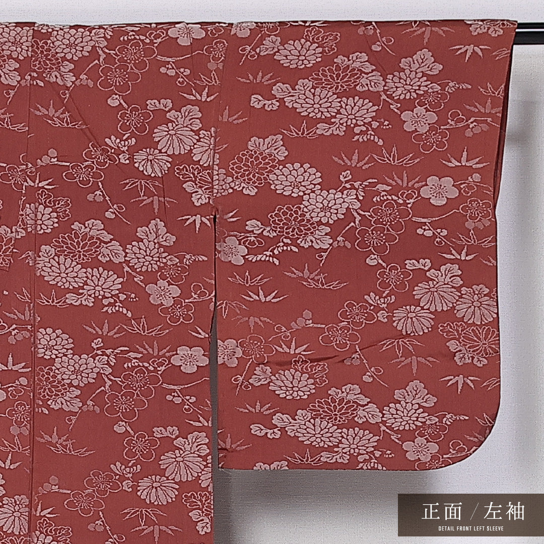 アンティーク お召 単衣 身丈149cm 裄丈63cm 正絹 Bランク 広衿 XSサイズ 菊 笹 赤系 RP 1222-11026