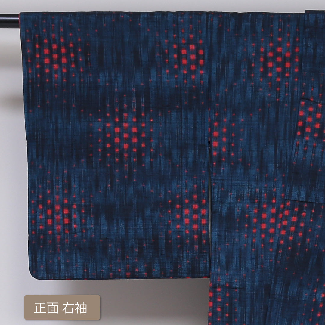 真綿紬 袷 身丈157cm 裄丈62cm 正絹 Aランク カジュアル 広衿 Mサイズ 幾何学柄 紺系 PO 1223-03159