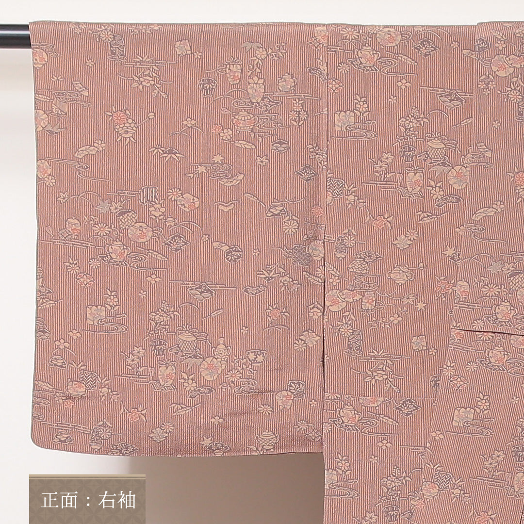 小紋 単衣 身丈151cm 裄60.5cm 正絹 鉄瓶 棗 茶系 ちりめん Sランク 1215-02185