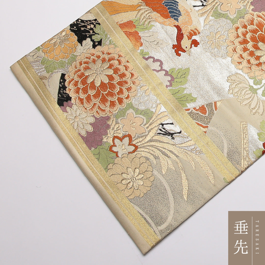 アンティーク 丸帯 帯丈412cm 正絹 全通 唐織 鳳凰 花鳥文 クリーム系 1242-01376