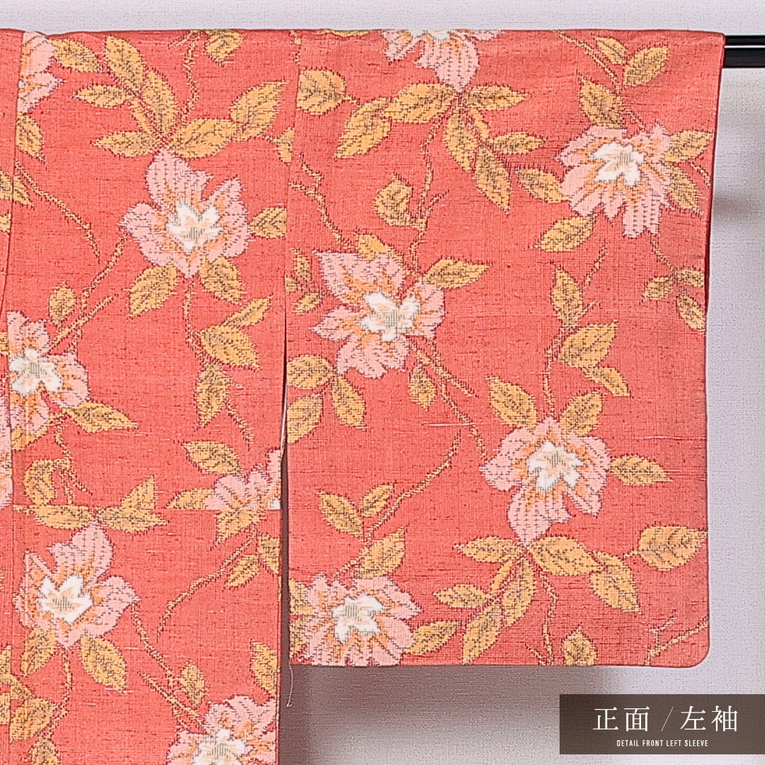 紬 袷 身丈152cm 裄丈63cm 正絹 Aランク カジュアル 広衿 Sサイズ 花柄 ピンク系 HP 1223-11023