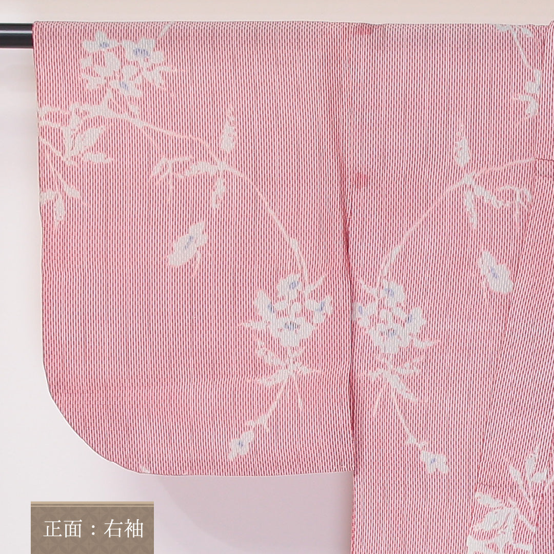 紬 夏紬 身丈140cm 裄62cm 正絹 ボタニカル 赤系 Bランク 1216-00976
