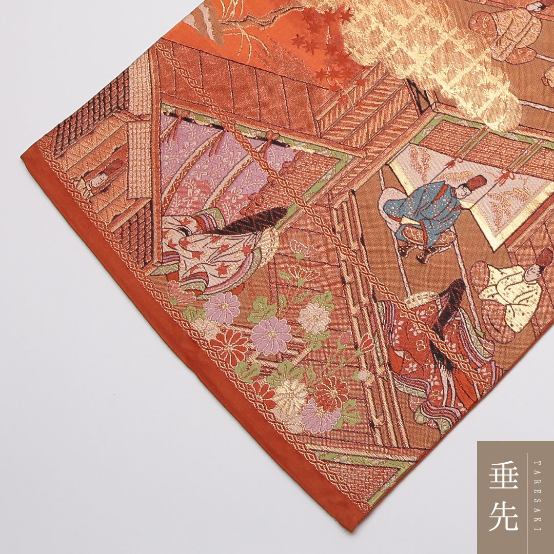 袋帯 帯丈420cm 正絹 六通 フォーマル 平安絵巻 雲取り 金系 朱系 1243-01169