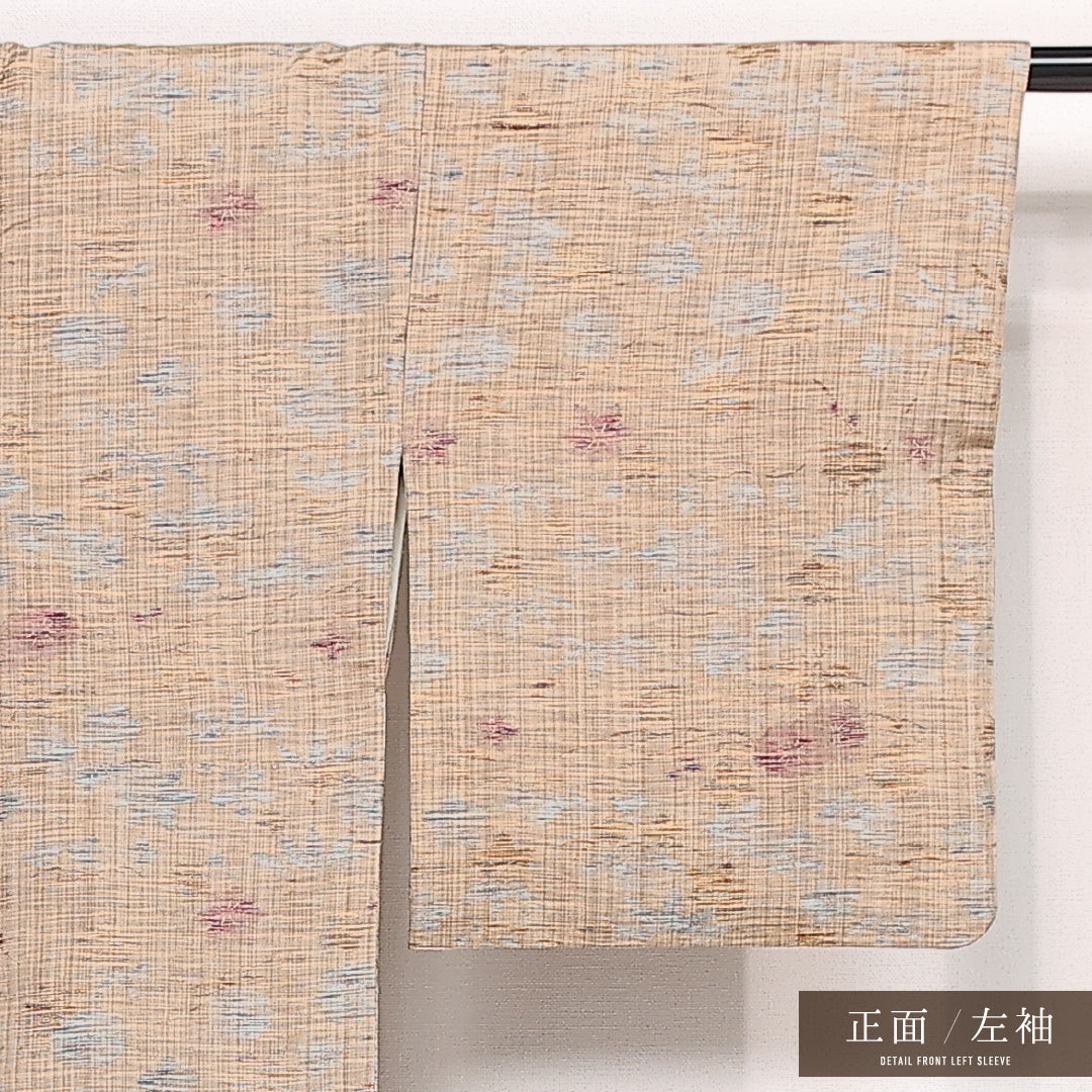 紬 袷 身丈151cm 裄丈64cm 正絹 Sランク カジュアル バチ衿 Sサイズ 笹 紅葉 ベージュ系 RP 1223-13374