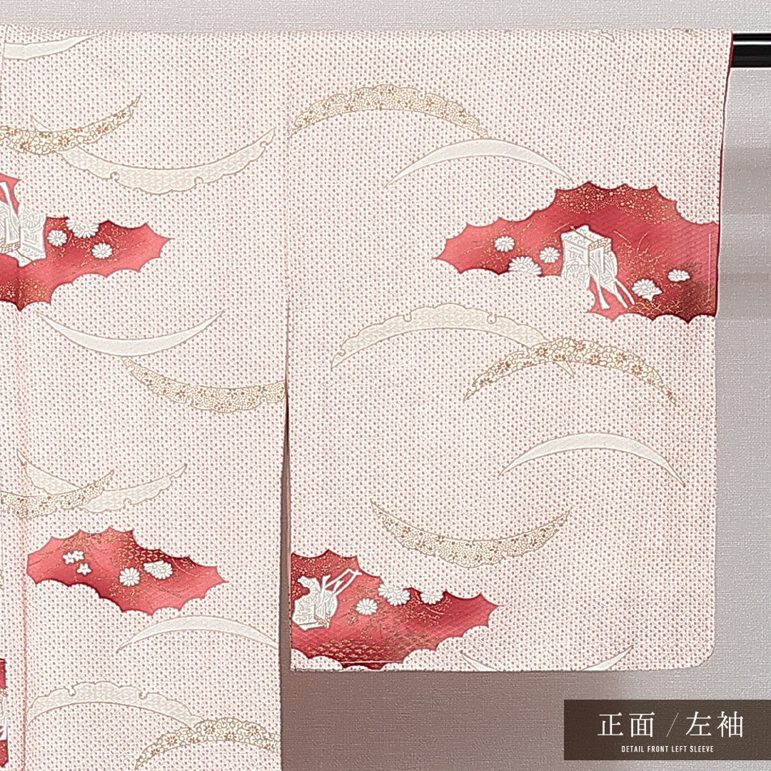 小紋 袷 身丈151cm 裄丈62cm 正絹 Sランク インフォーマル バチ衿 Sサイズ 吉祥文様 ピンク系 RP 1221-14618