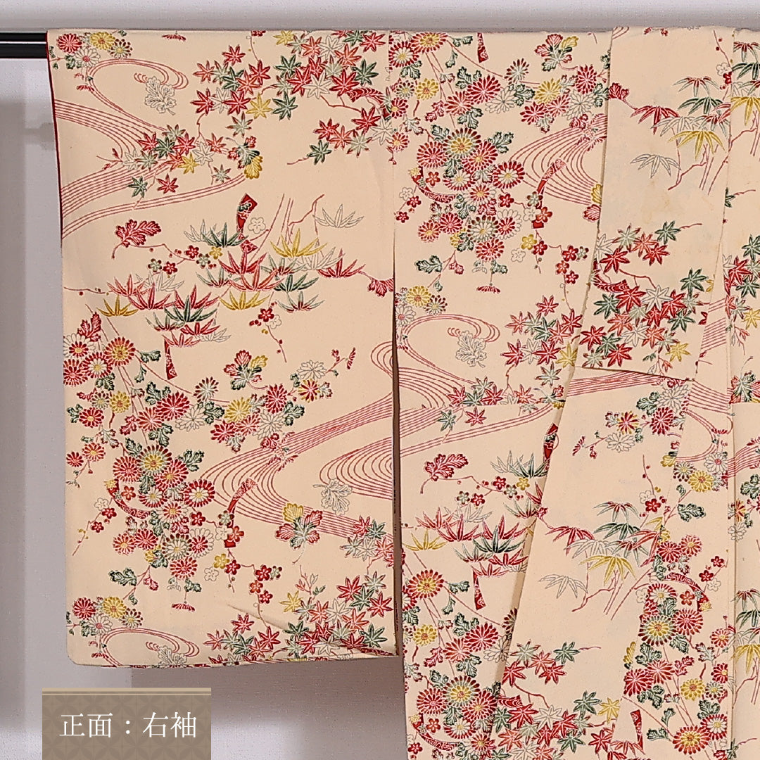小紋 袷 身丈155.5cm 裄63.5cm 正絹 流水 梅 紅葉 菊 笹 クリーム系 Bランク 1215-02471