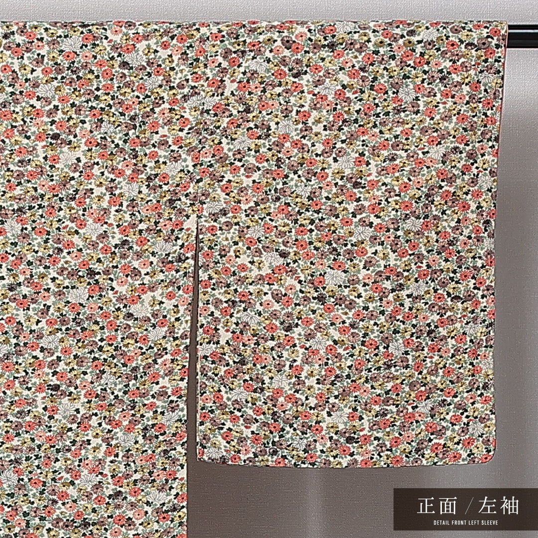 小紋 袷 身丈156cm 裄丈63cm 正絹 Aランク Mサイズ 広衿 インフォーマル 菊 クリーム系 1215-14997