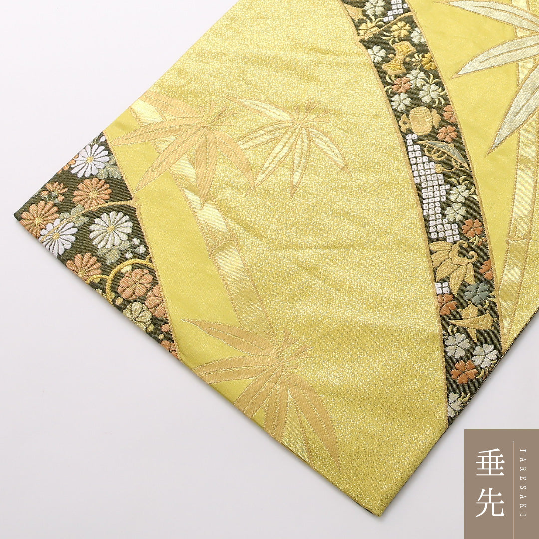 袋帯 帯丈424cm 正絹 全通 フォーマル 裂取り 吉祥文様 金系 黄系 1243-01675